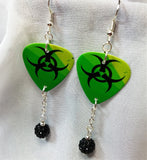 CLEARANCE Green with Black Toxic Symbol Guitar Pick Earrings with Black Pave Beads