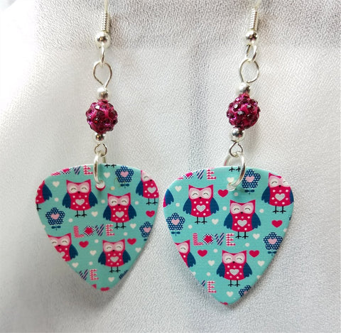 CLEARANCE Blue with Pink Owls Guitar Pick Earrings with Fuchsia Pave Beads