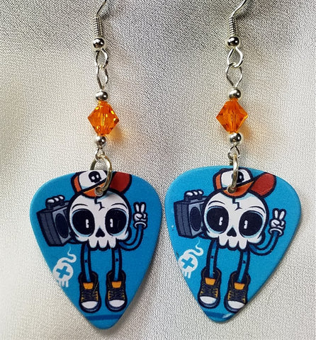CLEARANCE Rockin' Skull with Boombox Guitar Pick Earrings with Orange Swarovski Crystals