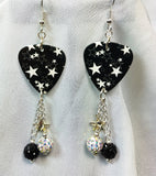 White Stars on Black Background Guitar Pick Earrings with Charm and Pave Bead Dangles