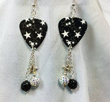 White Stars on Black Background Guitar Pick Earrings with Charm and Pave Bead Dangles