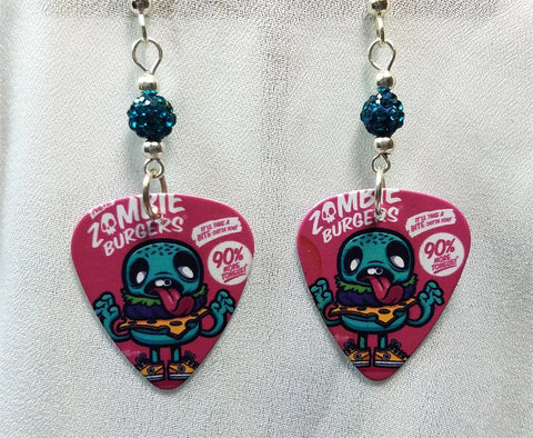 Zombie Burgers Guitar Pick Earrings with Teal Pave Beads