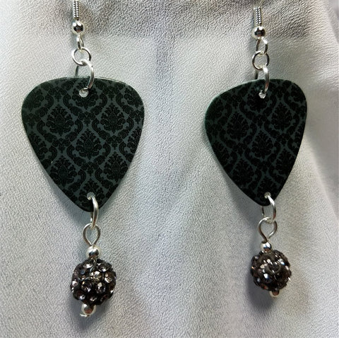 CLEARANCE Black and Gray Damask Guitar Pick Earrings with Gray Pave Beads
