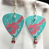 Aqua and Pink Abstract Guitar Guitar Pick Earrings with Pink Crystal Charms