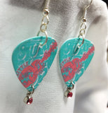 Aqua and Pink Abstract Guitar Guitar Pick Earrings with Pink Crystal Charms