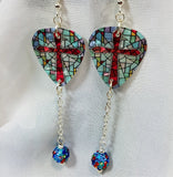 Cross on Stained Glass Guitar Pick Earrings with MultiColor Pave Bead Dangle