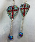 Cross on Stained Glass Guitar Pick Earrings with MultiColor Pave Bead Dangle