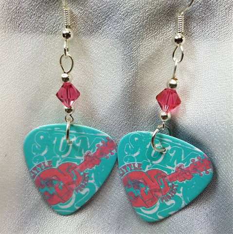 Aqua and Pink Abstract Guitar Guitar Pick Earrings with Pink Swarovski Crystals