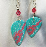 Aqua and Pink Abstract Guitar Guitar Pick Earrings with Pink Swarovski Crystals