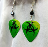 Green and Black Toxic Guitar Pick Earrings with Black Swarovski Crystals