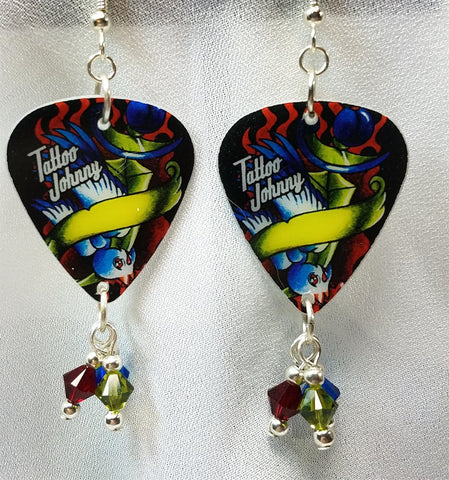 Tattoo Johnny Old School Tattoo Style Sparrow Guitar Pick Earrings with Crystal Dangles