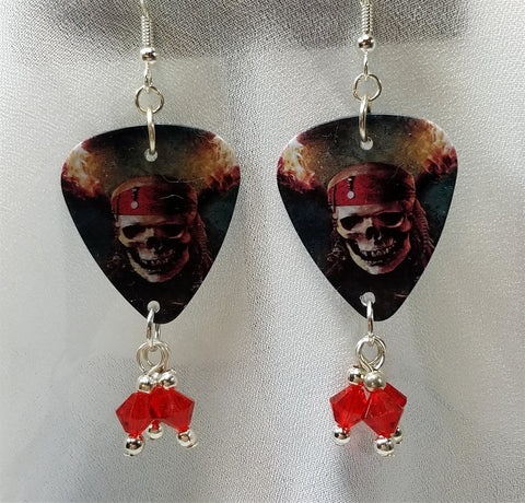 Skull and Crossbones Pirates of the Caribbean Guitar Pick Earrings with Red Swarovski Crystal Dangles