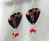 Skull and Crossbones Pirates of the Caribbean Guitar Pick Earrings with Red Swarovski Crystal Dangles