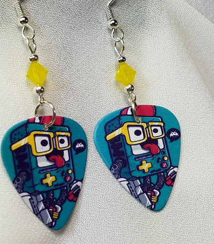 Gameboy Nerd Guitar Pick Earrings with Yellow Opal Swarovski Crystals