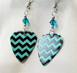 Teal and Black Chevron Guitar Pick Earrings with Teal Swarovski Crystals