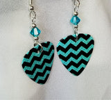Teal and Black Chevron Guitar Pick Earrings with Teal Swarovski Crystals