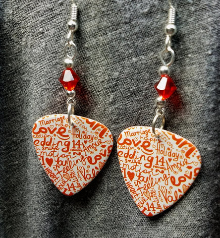 The Language of Love White Guitar Pick Earrings with Red Swarovski Crystals