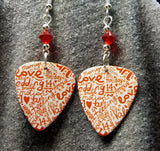The Language of Love White Guitar Pick Earrings with Red Swarovski Crystals