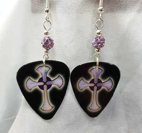 CLEARANCE Black with Purple Crosses Guitar Pick Earrings with Purple Pave Beads