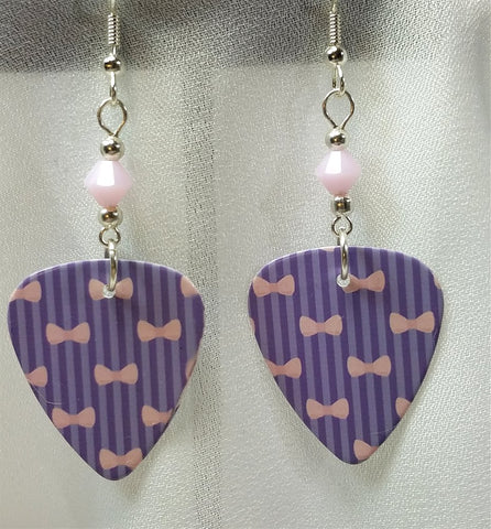 Purple Stripes and Pink Bows Guitar Pick Earrings with Pink Alabaster Swarovski Crystals