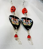 Winged Black Cat Guitar Pick Earrings with Swarovski Crystal and Chain Dangles