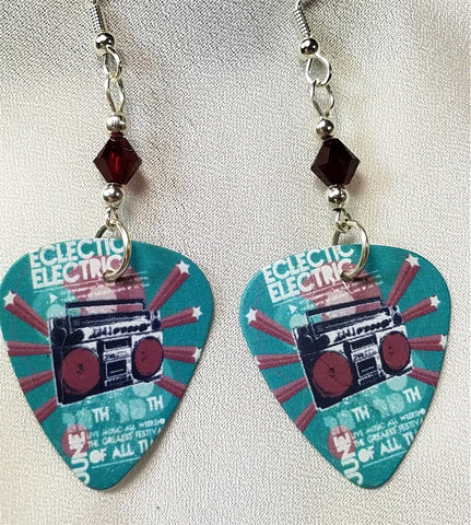 Eclectic Electric Boom Box Guitar Pick Earrings with Red Swarovski Crystals