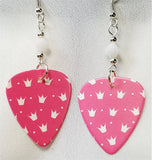 CLEARANCE Pink with White Crown Pattern Guitar Pick Earrings with White Swarovski Crystals