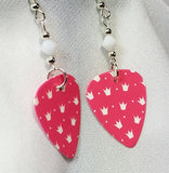 CLEARANCE Pink with White Crown Pattern Guitar Pick Earrings with White Swarovski Crystals