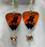 Cowboy on a Horse Guitar Pick Earrings with Brown Swarovski Crystal Dangles