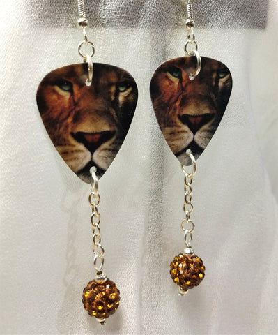CLEARANCE Lion Guitar Pick Earrings with Brown Pave Bead Dangles
