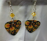 Yellow and Orange Flowers on Black Background Guitar Pick Earrings with Golden Yellow Swarovski Crystals