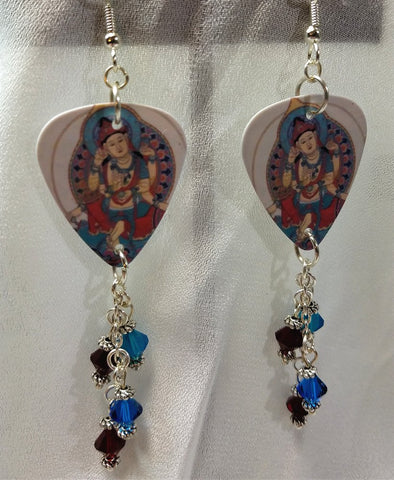 Buddhist Artwork Guitar Pick Earrings with Swarovski Crystal Dangles