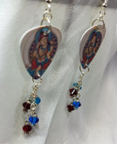 Buddhist Artwork Guitar Pick Earrings with Swarovski Crystal Dangles