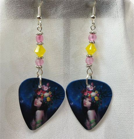 Woman With Flower Hat Guitar Pick Earrings with Swarovski Crystals and Glass Seed Beads