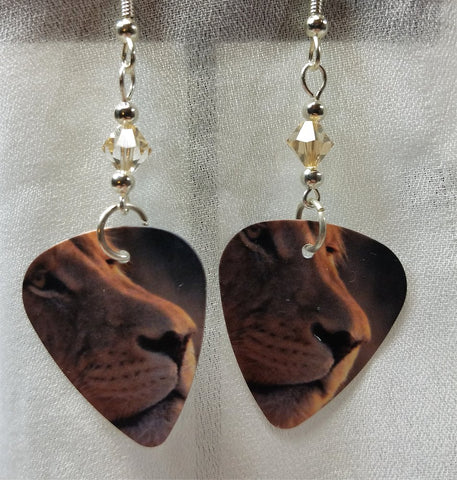 Lion Profile Guitar Pick Earrings with Swarovski Crystals