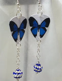 Blue Butterfly Guitar Pick Earrings with Blue and White Striped Pave Beads