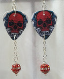 Red Skull Guitar Pick Earrings with Red Striped Pave Bead Dangles
