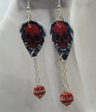 Red Skull Guitar Pick Earrings with Red Striped Pave Bead Dangles