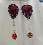 Red Skull Guitar Pick Earrings with Red Striped Pave Bead Dangles