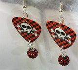 Black and Red Checkered Skull Guitar Pick Earrings with Red and Black Pave Bead Dangles