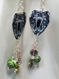 Black and White Bear Guitar Pick Earrings with Bead Dangles