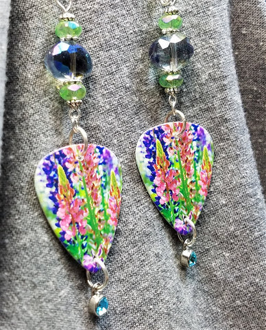 Flower Garden Guitar Pick Earrings with Sparkling Glass Beads and Crystal Charm Dangles