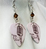 Retro Microphone Guitar Pick Earrings with Brown Swarovski Crystals