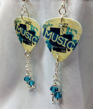 Music Guitar Pick Earrings with Charm and Blue Swarovski Crystal Dangles