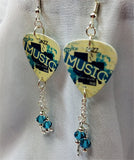 Music Guitar Pick Earrings with Charm and Blue Swarovski Crystal Dangles