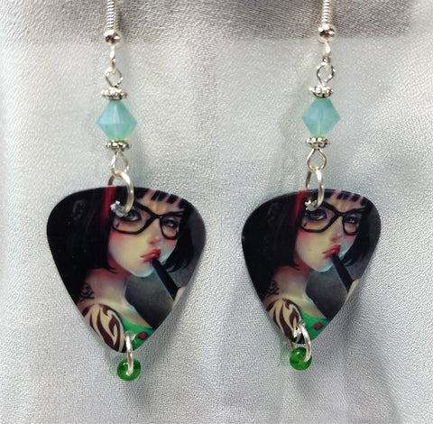 Nerdy Tattooed Girl Guitar Pick Earrings with Chrysolite Opal Swarovski Crystals