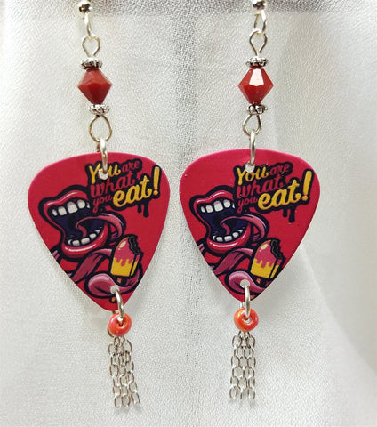 You Are What You Eat Guitar Pick Earrings with Chain Dangles and Red Swarovski Crystals