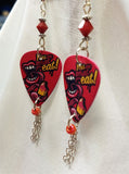 You Are What You Eat Guitar Pick Earrings with Chain Dangles and Red Swarovski Crystals