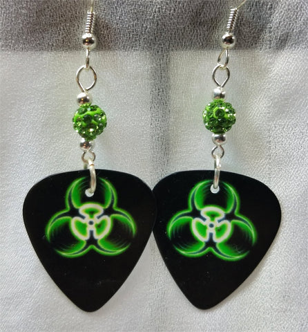 CLEARANCE Green and Black Toxic Guitar Pick Earrings with Green Pave Beads