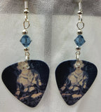 Buddhist Artwork Guitar Pick Earrings with Blue Swarovski Crystals